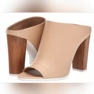 Vince Nude Leather Open Toe Mules Block Wood Heel Size 9